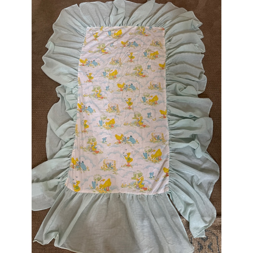 Vintage Sesame Street Muppets Baby Blanket Big Bird Cookie Monster Blue Ruffle